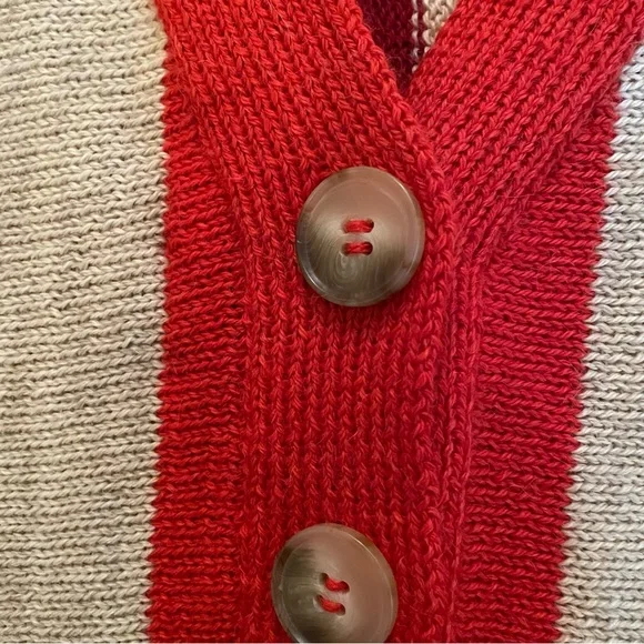 THE GREAT. Bold Striped V-Neck Cardigan in Red, Burgundy & Cream - Picture 4 of 7